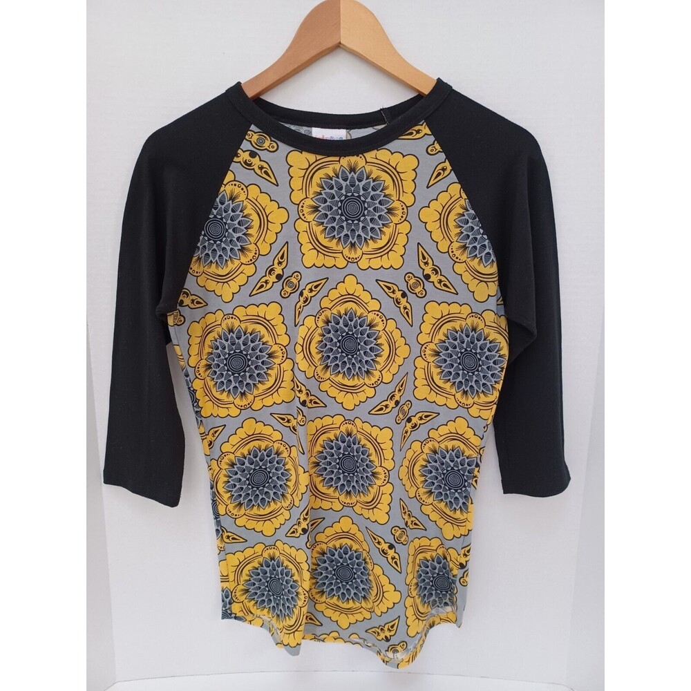 LuLaRoe LLR Randy Shirt 3/4 sleeve Baseball‎ Tee Black Gray Yellow Womens XS